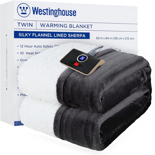 Westinghouse Heated Blanket Twin Size, Soft Flannel to Sherpa Electric Blanket with 10 Heating Levels, 12 Hours Auto Off, Fast Heating, Machine Washable, 62x84 Inch, Charcoal