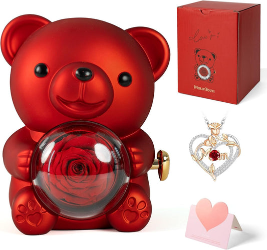 Cute Lovely Rose Bear, Forever Preserved Flowers Design, Rotating Surprise Jewelry Boxes, Elegant, Shiny Necklaces for Women Gift, Vintage Romantic Fashion Decorations, Red