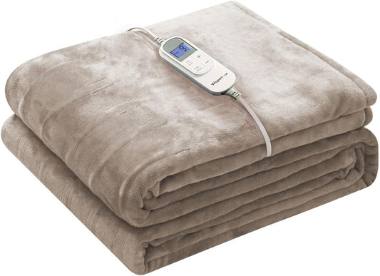 Wapaneus Foot Pocket Heated Blanket Electric Throw with 10 Heating Levels and 4 Timer Settings 4 Hours Auto Shut Off, Flannel Fast-Heating Heated Throw 50" x 60", Machine Washable, Mushroom
