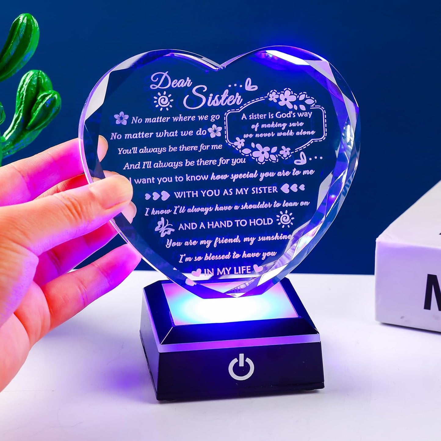 YWHL Sister Birthday Gifts from Sister Brother To My Sisters Crystal Heart Keepsake with Colorful Light Base Sister Gifts for Women for Christmas Mother's Day