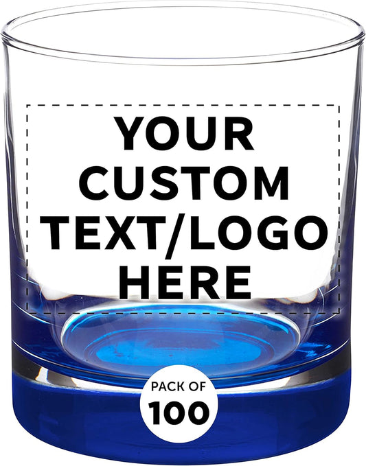 Custom Whiskey Glasses by Libbey 10 oz. Set of 100, Personalized Bulk Pack - Heavy Base Old Fashioned Glass, Perfect for Scotch, Bourbon, Whiskey, Cocktail - Blue