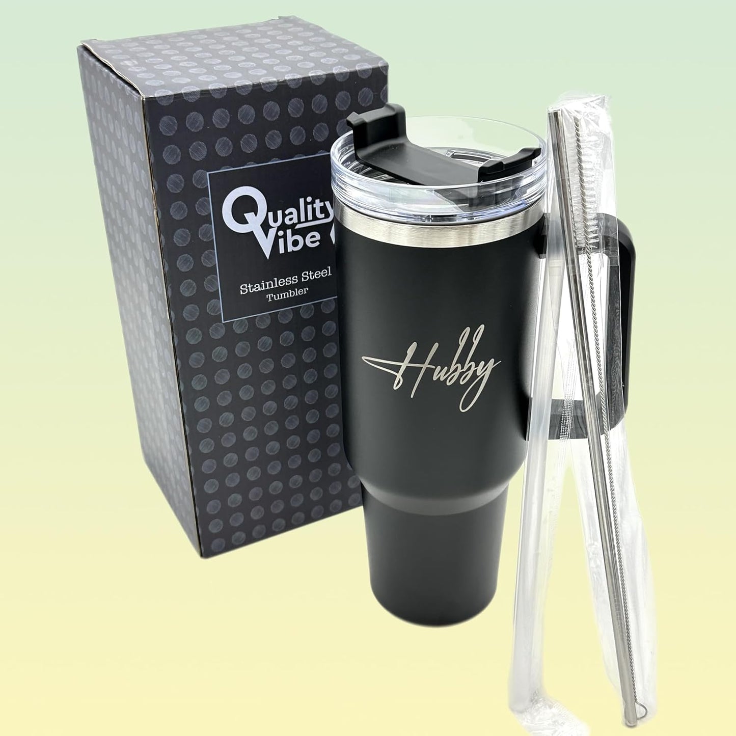 QualityVibe Wifey & Hubby Wedding Gift 40 oz Engraved Tumbler Set Of 2 For couples With Straw & Brush. Christmas or Engagement Gift Set For Bride & Groom.