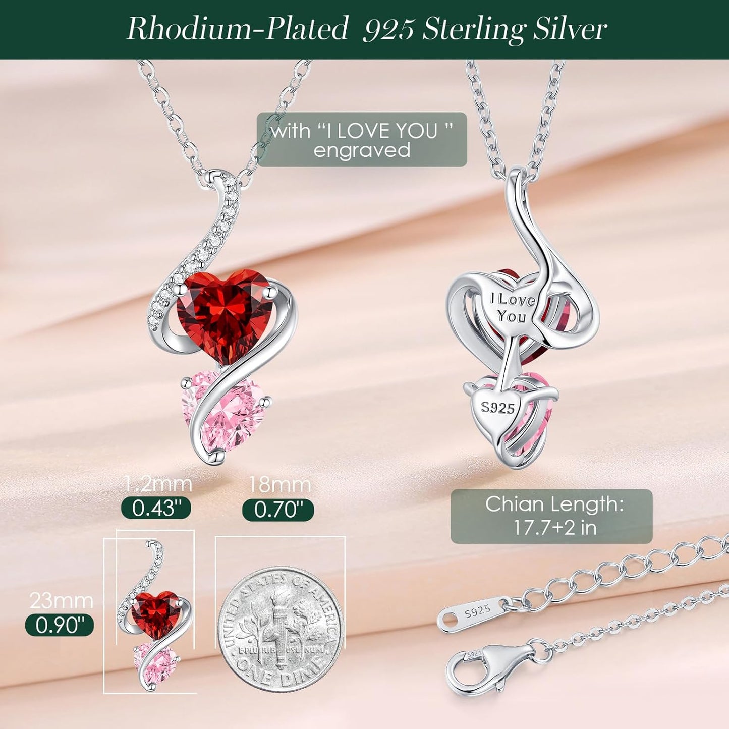 LOUISA SECRET Unique Double Heart Necklace Gifts for Wife Women, 925 Sterling Silver Tiny Birthstone Pendant Jewelry Gift for Her Girlfriend Mom Valentine's Day Anniversary Mother's Day Birthdays & Christmas