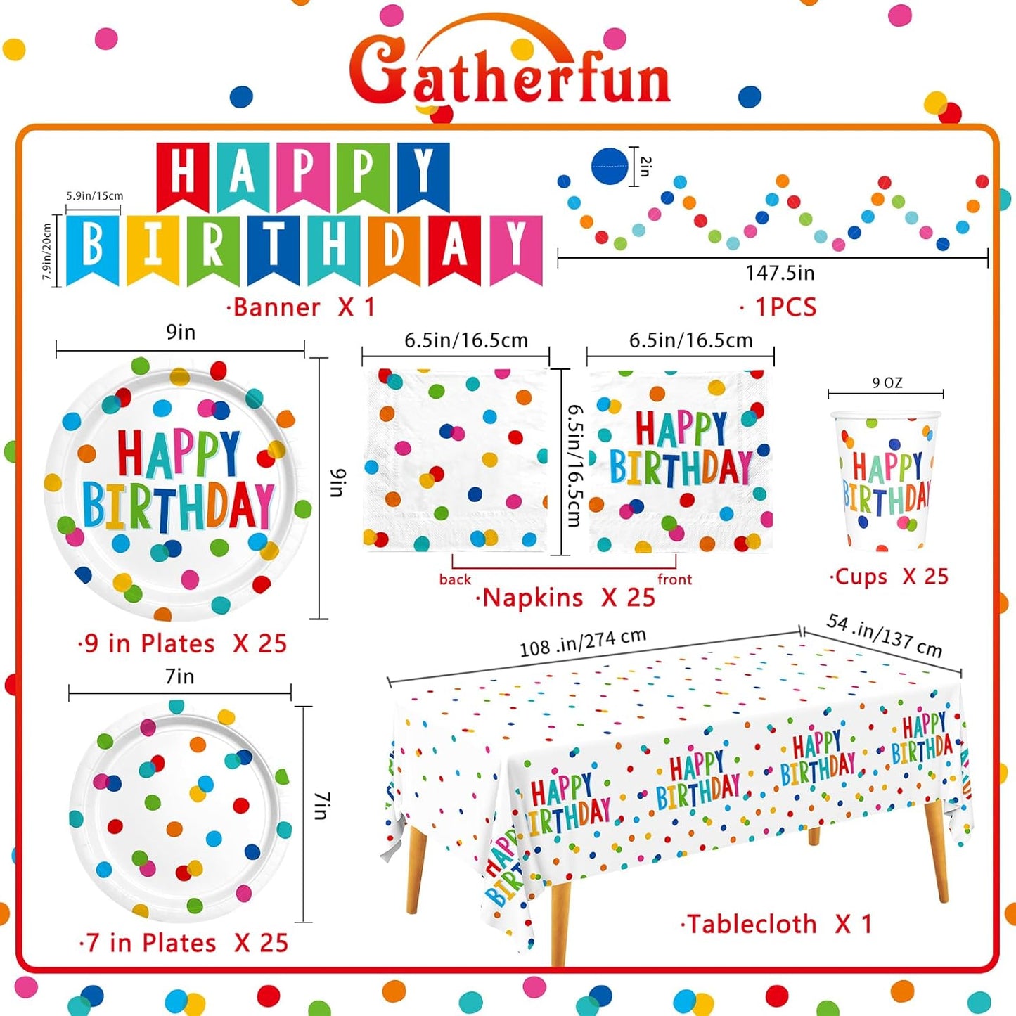 Happy Birthday Decorations: Happy Birthday Party Supplies Set with Birthday Dots Design- Includes Disposable Paper Birthday Plates and Napkins, Cups, Tablecloth, and Banner for Boys/Girls, Serves 25.