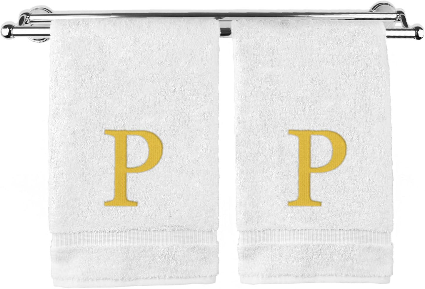 Monogrammed Hand Towel, Personalized Gift, Set of 2- Gold Block Letter Embroidered Towel - Extra Absorbent 100% Turkish Cotton - Soft Terry Finish - Initial P White