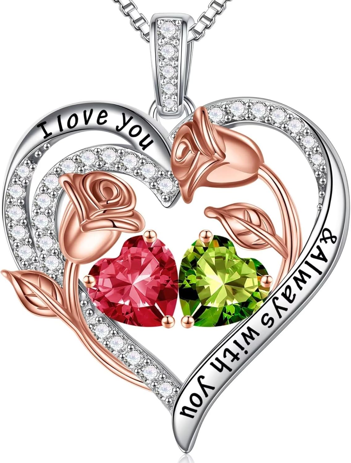 Iefil Birthstone Necklace for Women - 925 Sterling Silver Rose Heart Birthstone Necklace Birthday Anniversary Jewelry Gifts for Her Wife Mom Daughter