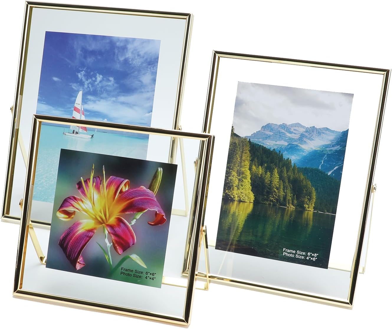 Gold Floating Picture Frames, Set of 3 including 6"×6",6"×8",7"×9", Vertical, Metal Glass Frame, Table Use, Classy For Thanksgiving, Birthday or Wedding