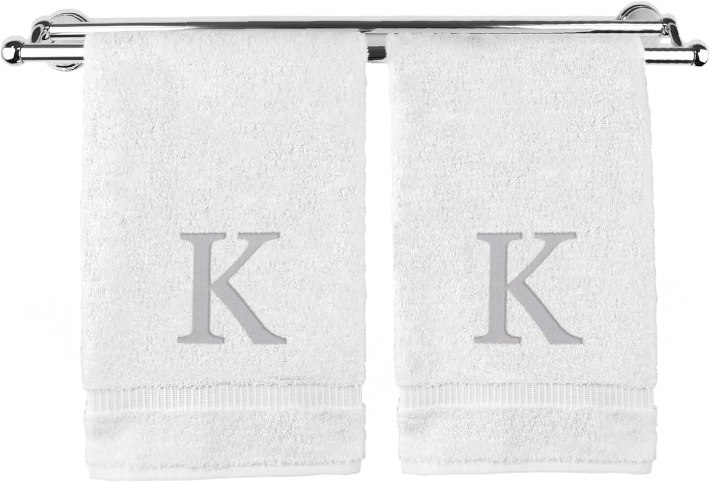 Monogrammed Hand Towel, Personalized Gift, Set of 2- Silver Block Letter Embroidered Towel - Extra Absorbent 100% Turkish Cotton - Soft Terry Finish - Initial K White