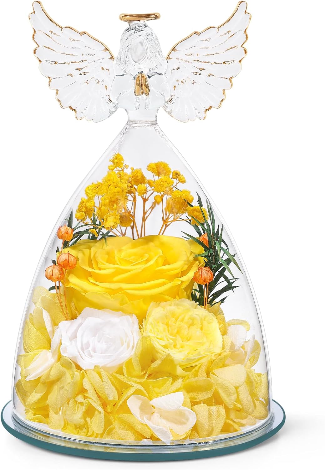 FIACO Gifts for Women Preserved Rose Forever Flower in Glass Angel Figurine Fresh Flowers for Delivery Mothers Day Birthday Gifts for Mom Grandma Wife Sister Yellow