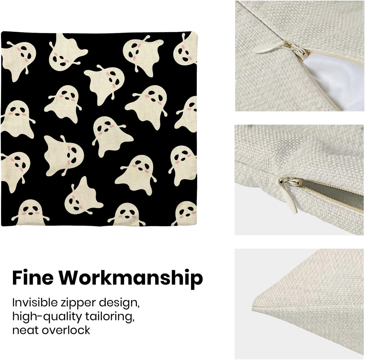 Halloween Decor Pillow Covers 18x18 Pack of 2 Black Beige Cute Ghost Throw Pillow Covers Outdoor Decoration,Fall Holiday Ghost Pillowcase Linen Decorative Cushion Case for Home Sofa Couch
