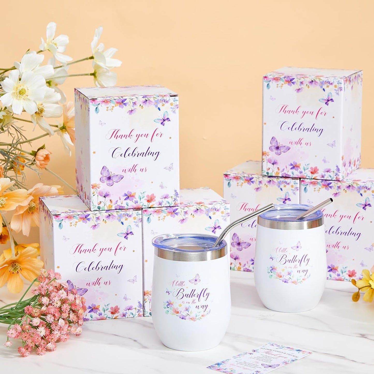 Hoolerry 6 Set Baby Shower Game Prizes for Guests Winners 12 oz Insulated Stainless Steel Tumbler Cup with Lids, Straws, Cleaning Brush, Cards & Boxes Return Gifts(Purple,Butterfly)