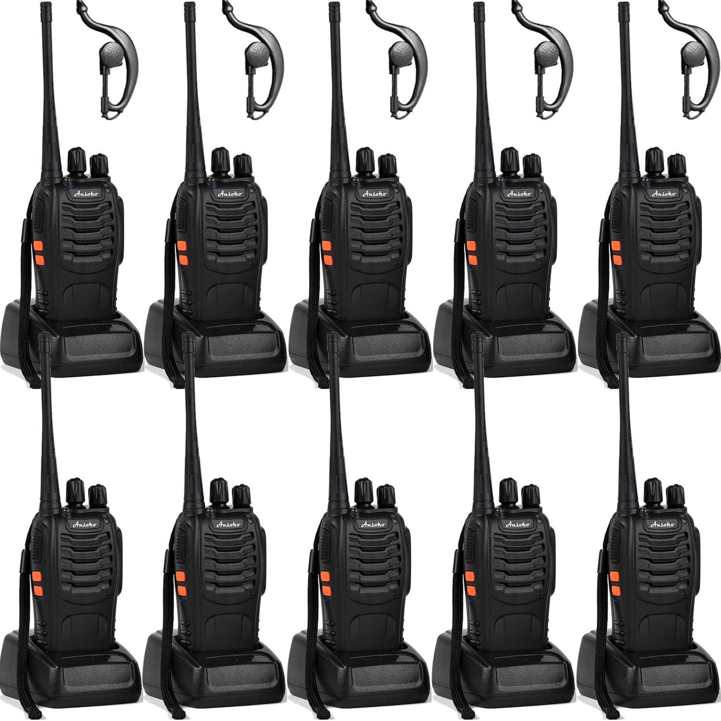 Walkie talkies 10 Pack Long Range Rechargeable 2 Way Radio UHF 16-Channel with Earpiece Li-ion Battery and Charger (Pack of 10)