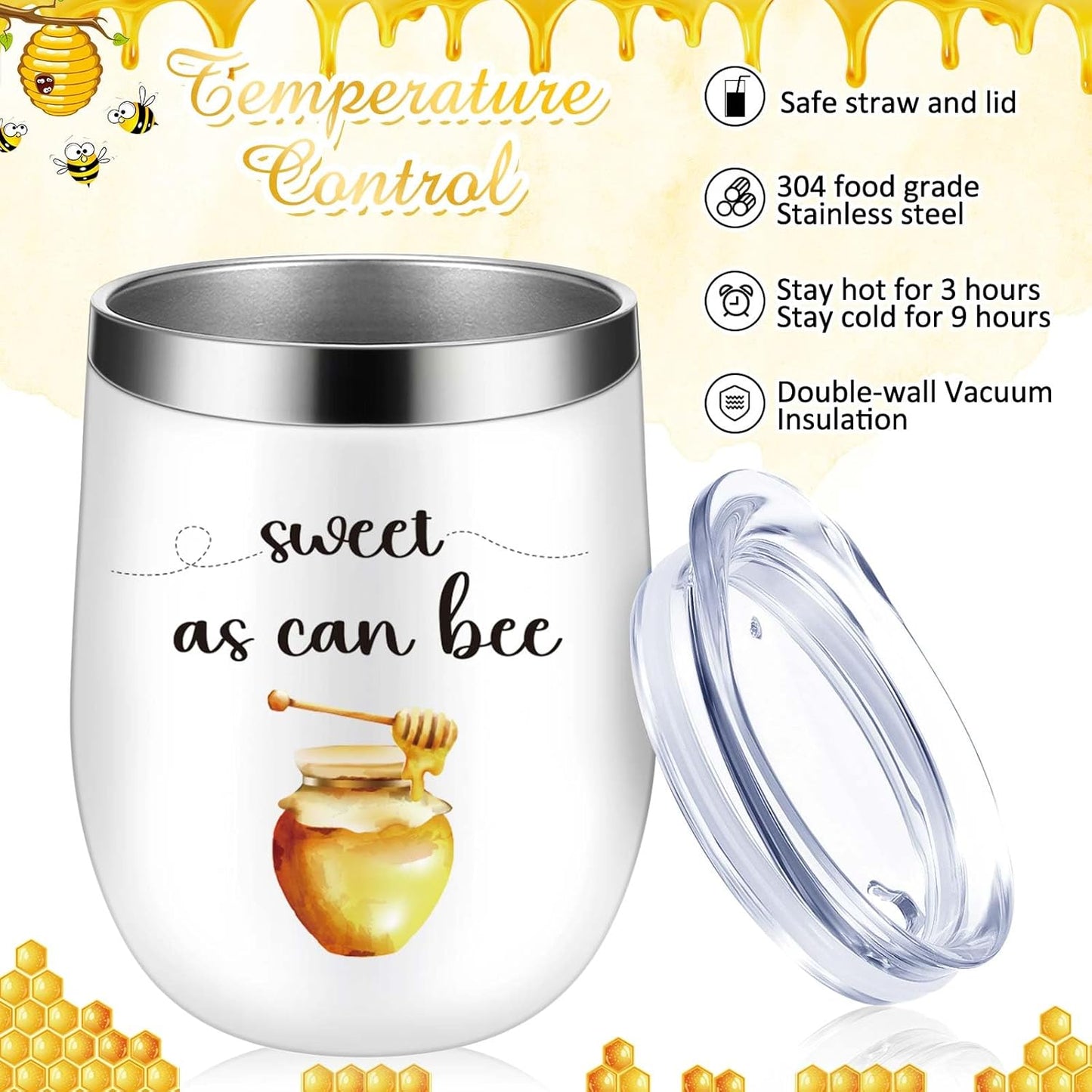 Hoolerry 6 Set Baby Shower Game Prizes for Guests Winners 12 oz Insulated Stainless Steel Tumbler Cup with Lids, Straws, Cleaning Brush, Cards & Boxes Return Gifts(Yellow,Bee Honey)