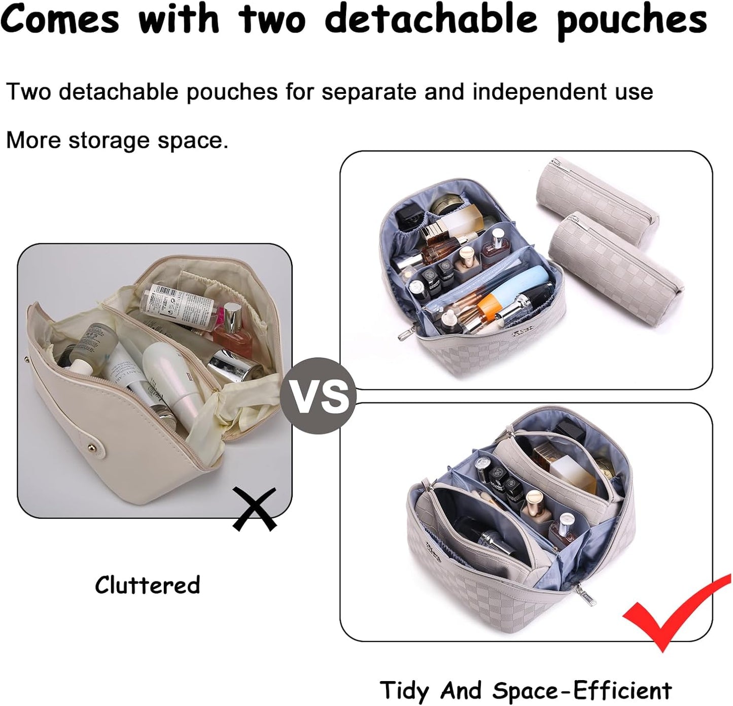 Travel Makeup Bag Organizer Cosmetic Bag: 3 Pcs Set Make up Bags for Women with Handle - Waterproof Vegan Leather Toiletry Bags with Comparments (C-13-Gray)