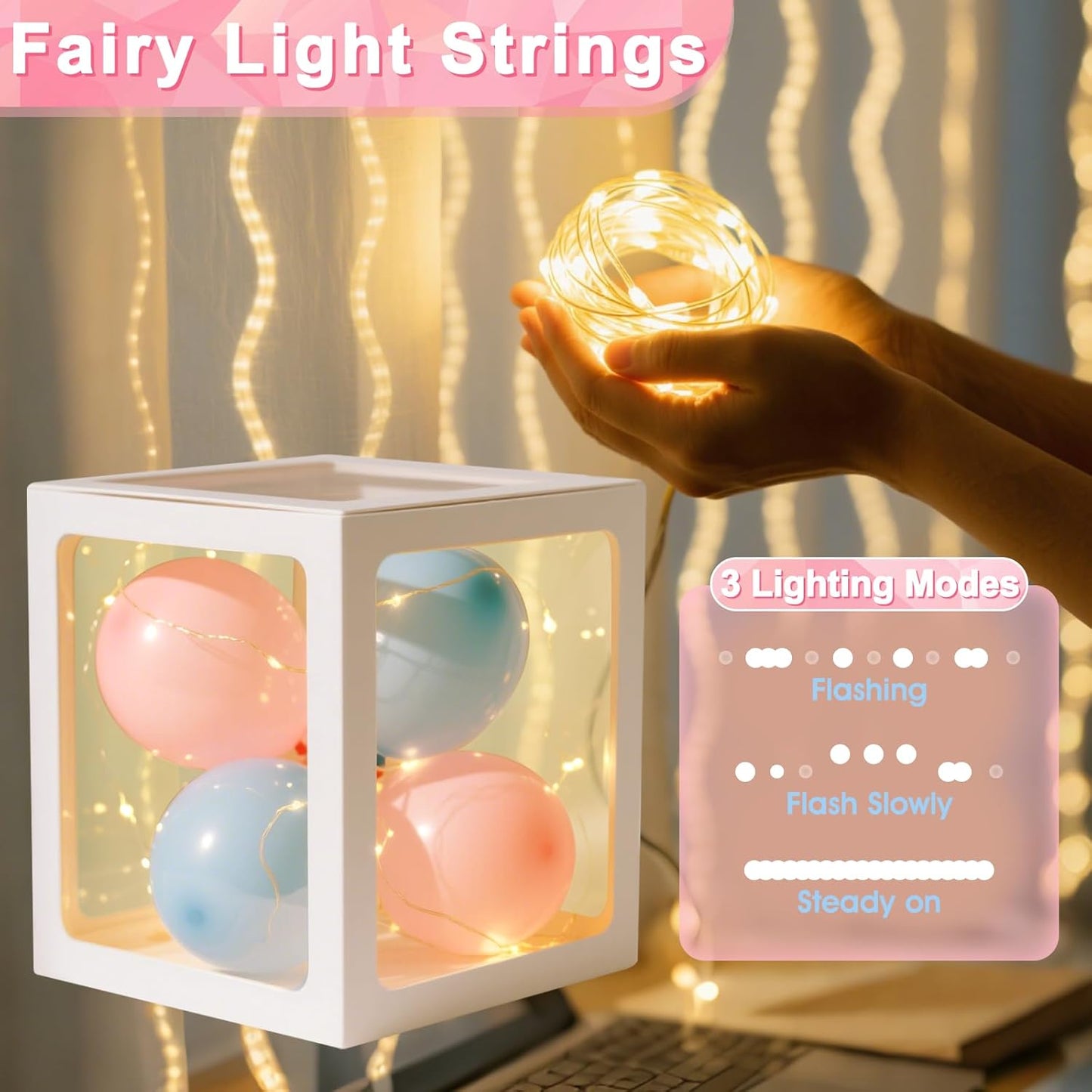 Ledido Baby Boxes with Letters for Baby Shower Decorations, 4 Pcs Transparent Balloon Boxes Blocks with Fairy String Lights, Clear Balloon Boxes for Boy Girl Gender Reveal Party Backdrop (White)