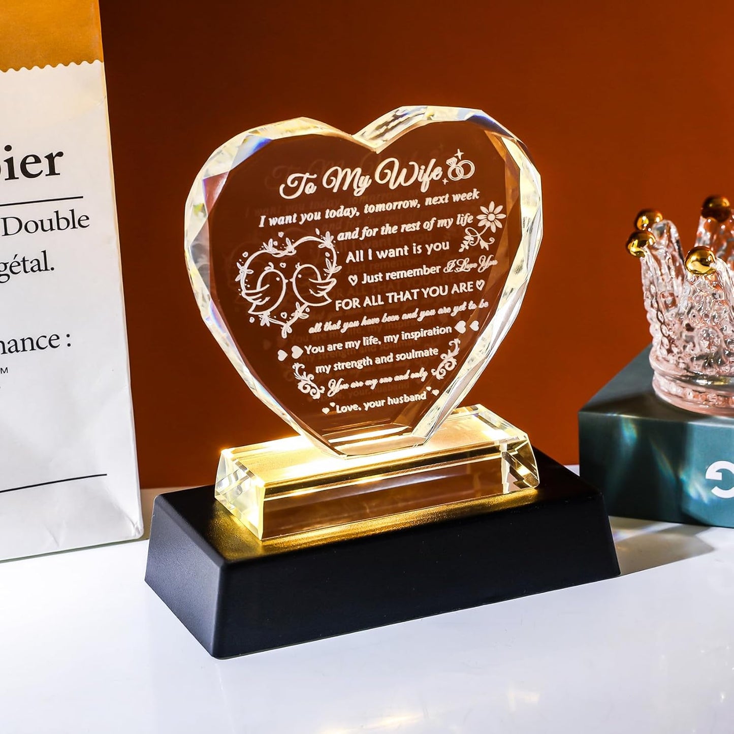 YWHL Gifts for Wife from Husband Birthday Gifts for Wife Crystal Keepsake Anniversary Present with Colorful LED Base Romantic I Love You Gift for Her on Valentines Mothers Day Christmas