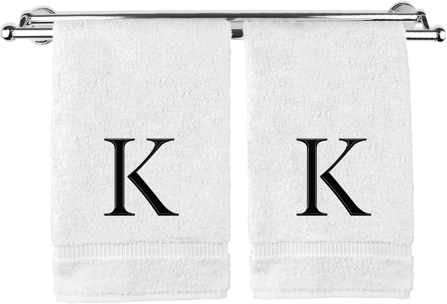 Monogrammed Hand Towel, Personalized Gift, Set of 2- Black Block Letter Embroidered Towel - Extra Absorbent 100% Turkish Cotton - Soft Terry Finish - Initial K White