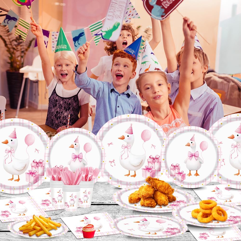 140pcs Pink Pet Duck Birthday Decorations Supplies, Disposable Paper Dinnerware Set Paper Plates Napkins Cups Set for 20 Guests Duck