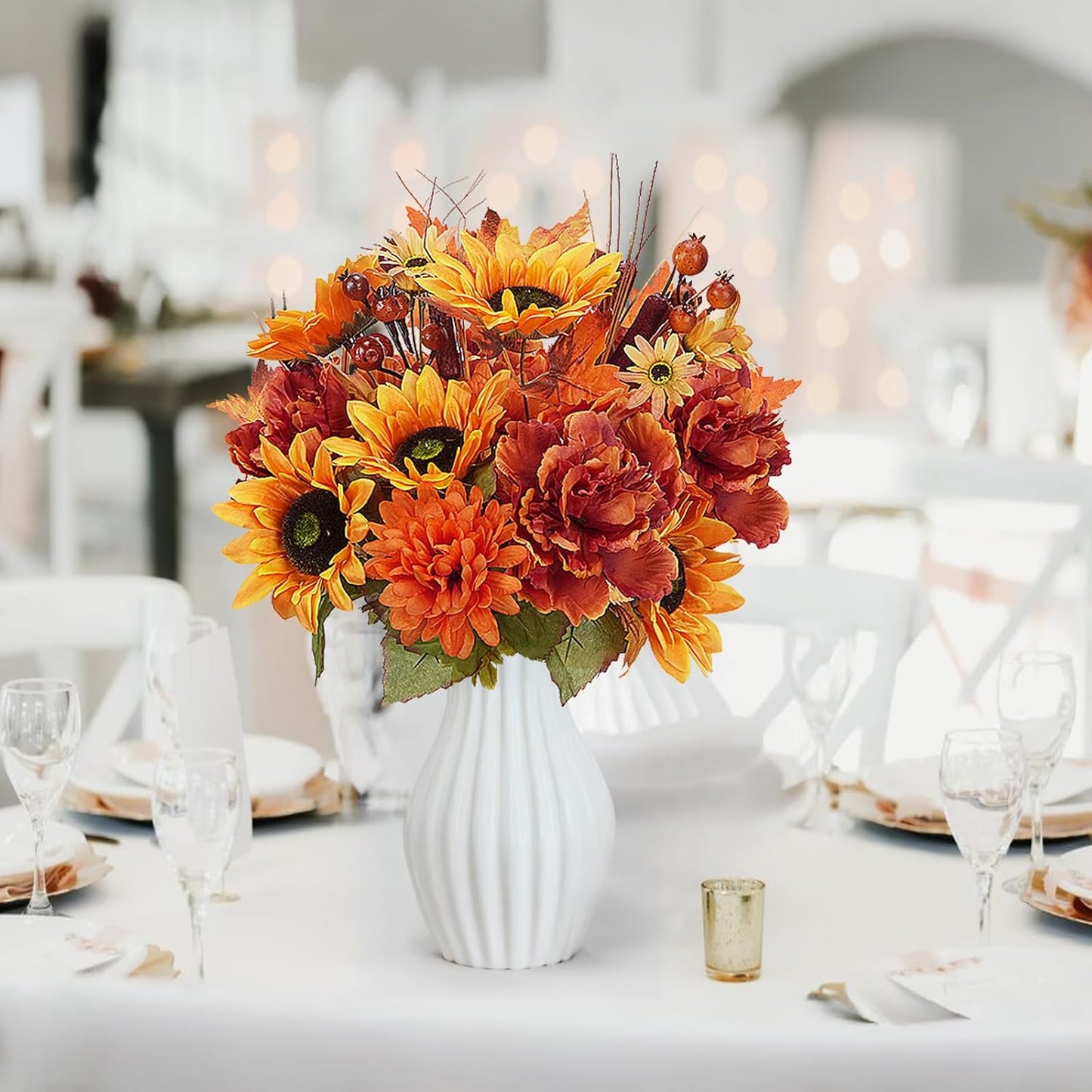 2 Bundles Fall Flowers Artificial for Decoration, Silk Flowers Bouquet Fake Sunflowers with Peony Mums Orange Faux Flowers for Cemetery Grave Home Wedding Party Autumn Thanksgiving Decor (21")