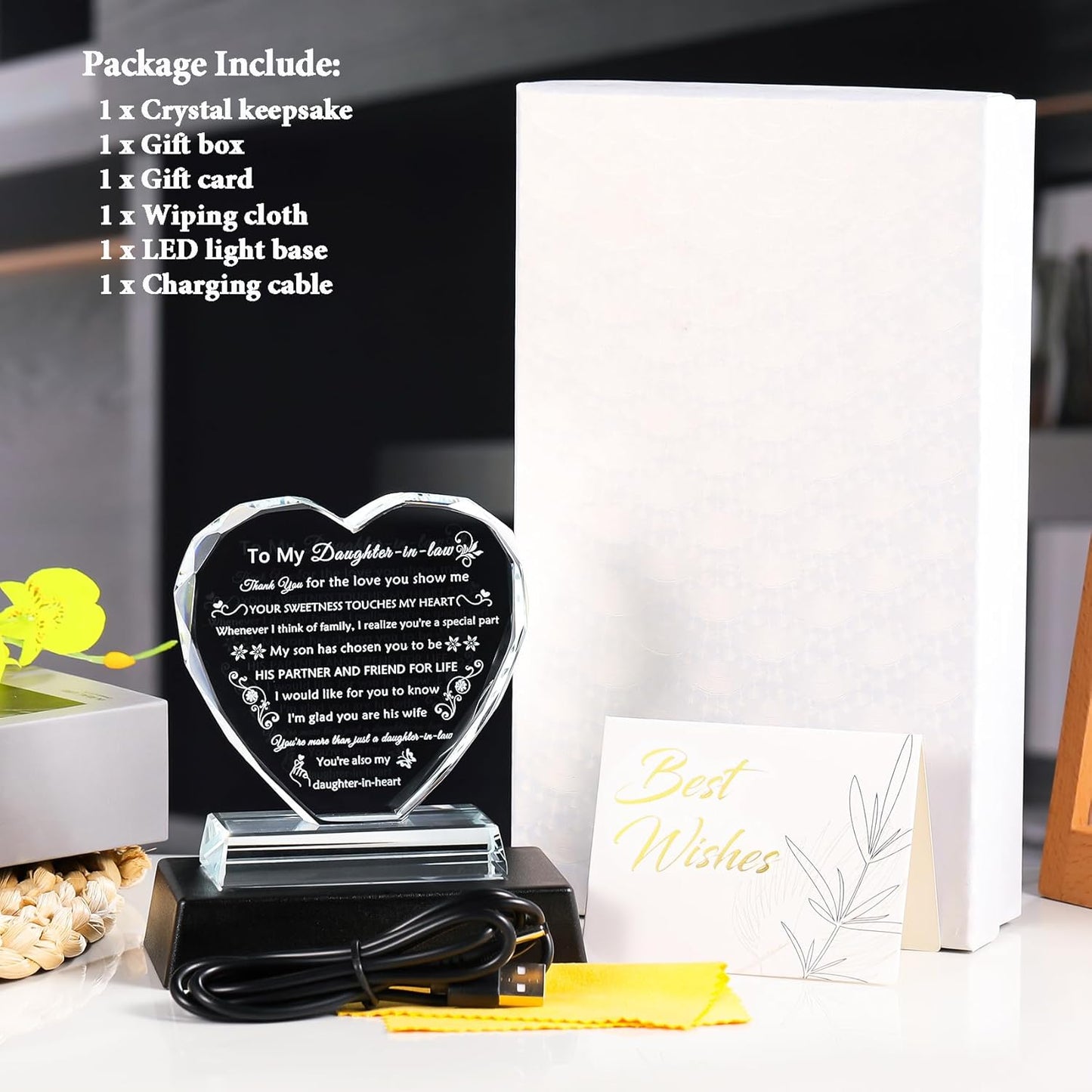 YWHL Daughter in Law Gifts from Mother in Law, Wedding Christmas Mothers Day Birthday Gifts for Daughter in Law Crystal Keepsake with Light Base