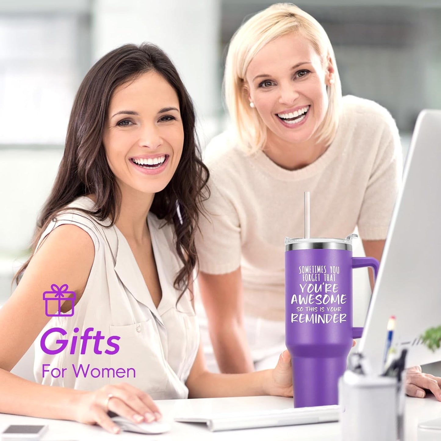 NOWWISH Gifts for Women, Sometimes You Forget You're Awesome 40 oz Tumbler with Handle and Straw, Birthday Gifts for Her Mom Wife Girlfriend and Sister - Purple