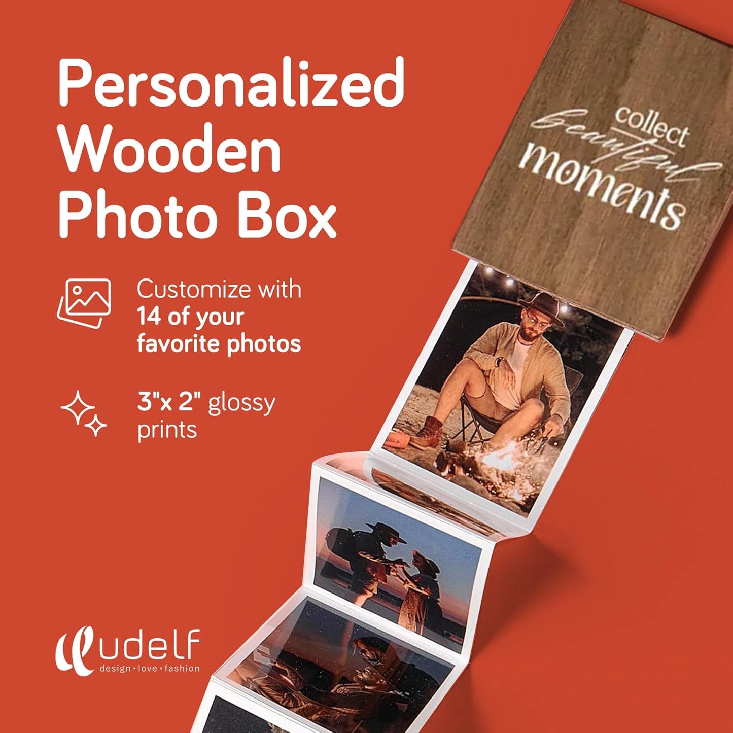 Personalized Wooden Photo Box Gift with Accordion Picture Pull Out | Custom Photo Album Box | Personalized Photo Box Gift for Any Occasion, Picture Box Gift I 14 Photo Prints, 3"x2" (Moments-Vertical)
