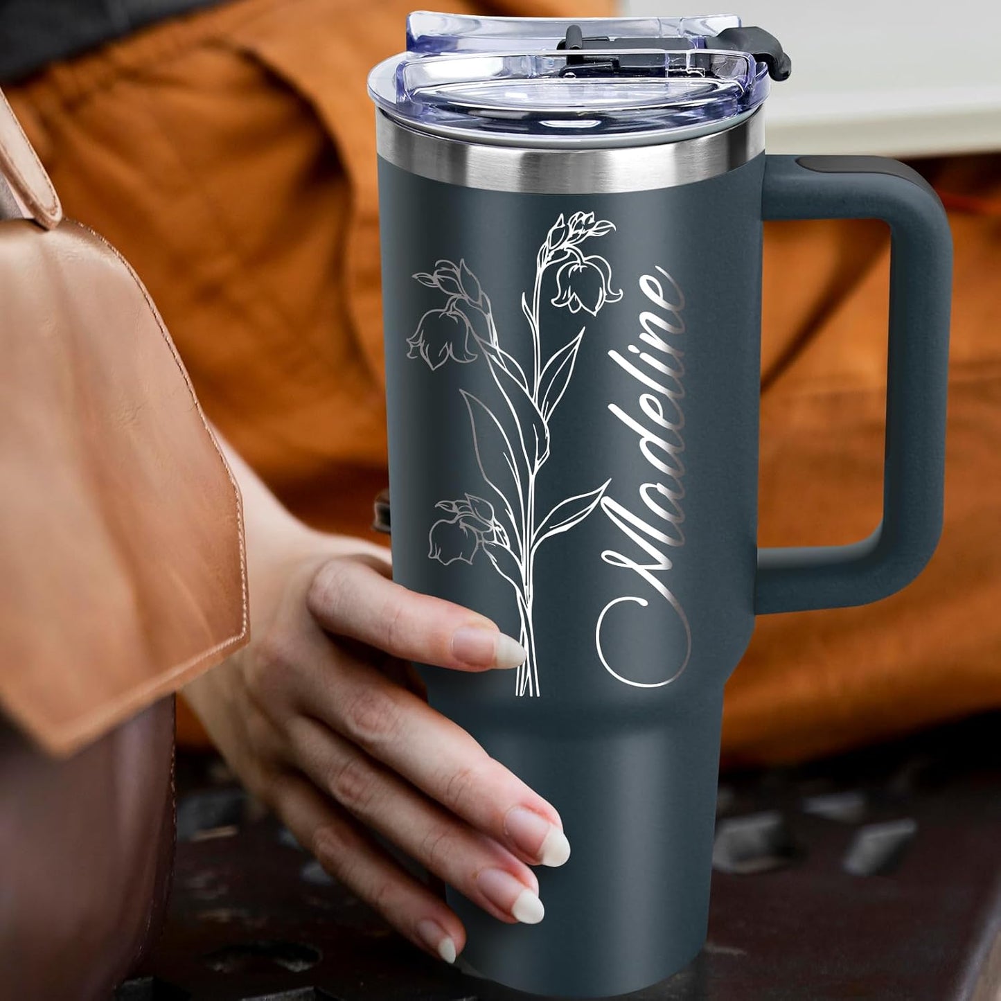 Personalized 40 Oz Tumbler with Handle Custom Tumbler with Name & Birth Flower Month, Stainless Steel Travel Coffee Mug Cup, Birthday Gifts Personalized Gifts for Women Men