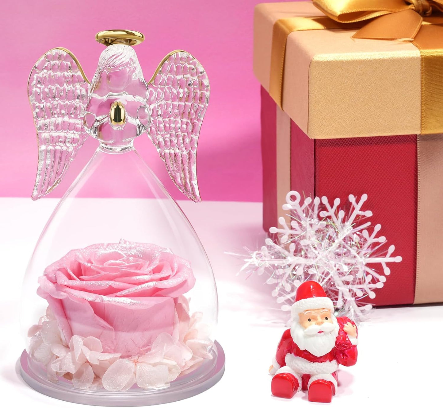 Yamonic Mom Birthday Gifts for Mom, Glass Angel Figurines with Real Rose Gifts for Moms Grandma, Preserved Flowers Real Rose Mothers Day Birthday Valentine’s Day Angel Gifts for Women Her(Pearl Pink)