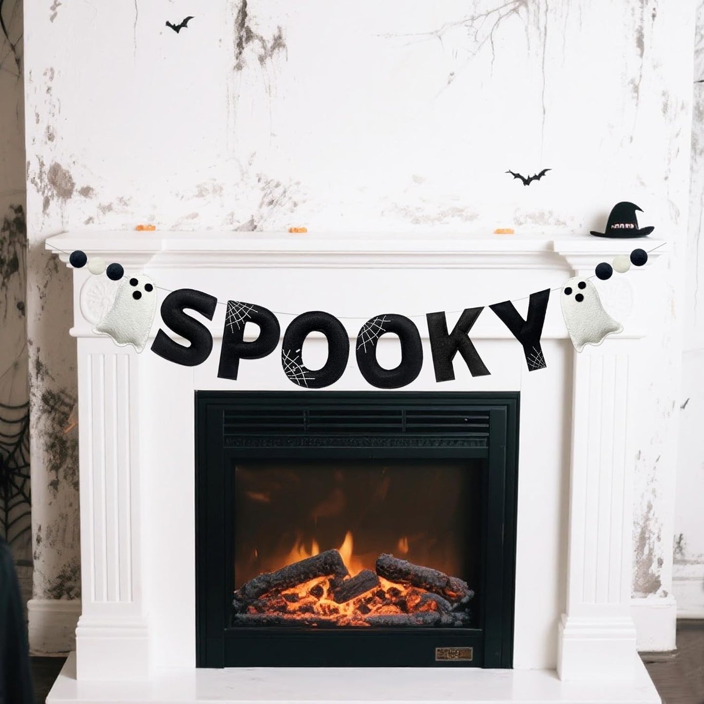 Halloween Decorations Pre-Strung Felt Spooky Sign Spiderweb Ghost Banner Wool Felt Ball Garland for Spooky Halloween Ghost Nursery Home Wall Decor Baby Shower Birthday Party Decorations Supplies