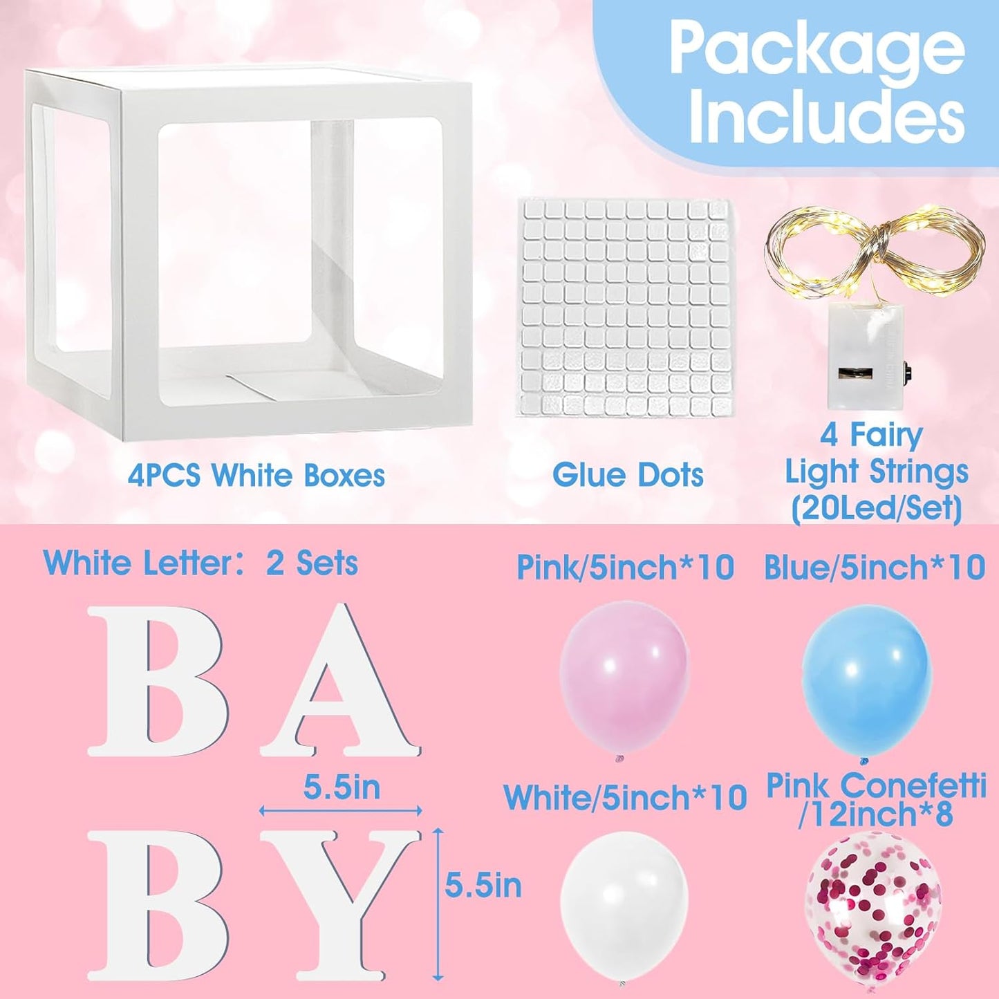 Ledido Baby Boxes with Letters for Baby Shower Decoration, 4 pcs Clear Baby Balloon Boxes Blocks with LED Fairy String Lights 38 Balloons for Boy Girl Gender Reveal Birthday Party (White)