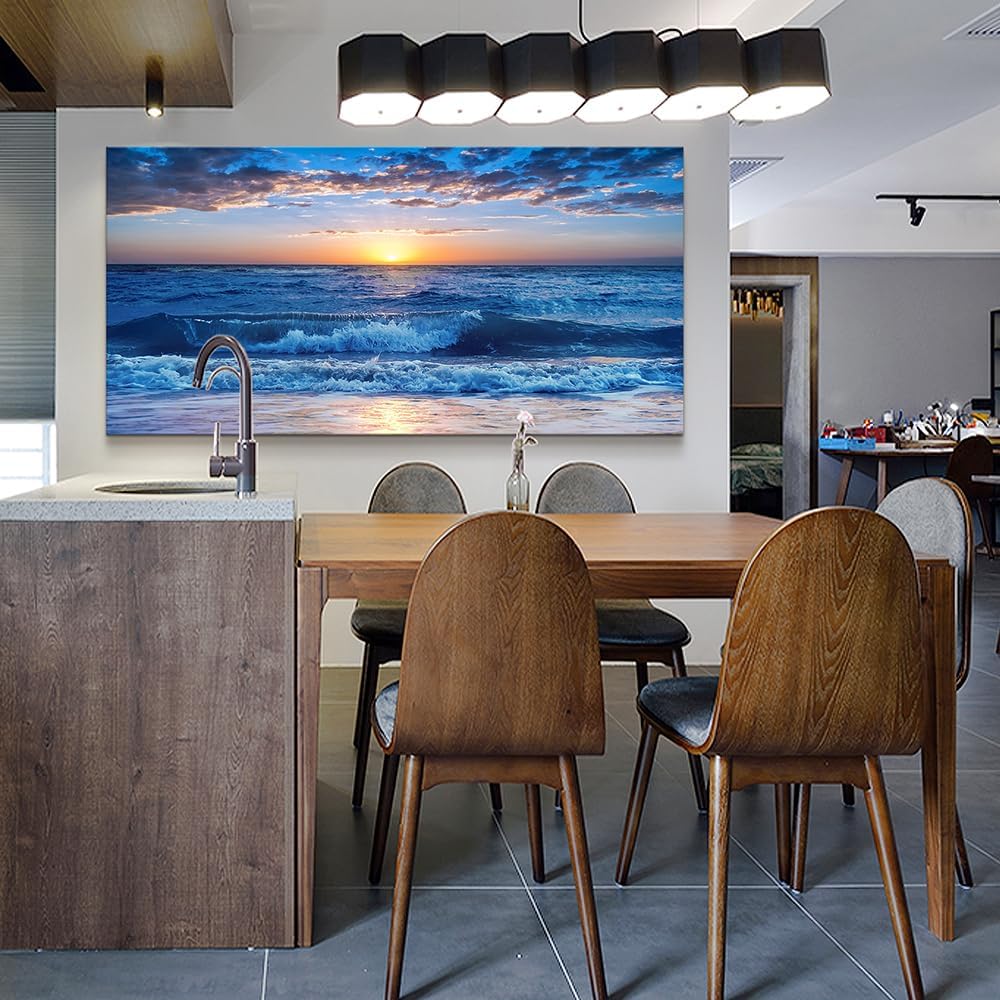 Wapluam Large Canvas Wall Art For Office Farmhouse Living Room Ocean Beach Wall Paintings Blue Sea View Wave Wall Pictures Framed Prints Artwork Modern Bedroom Home Decor 30"X 60"