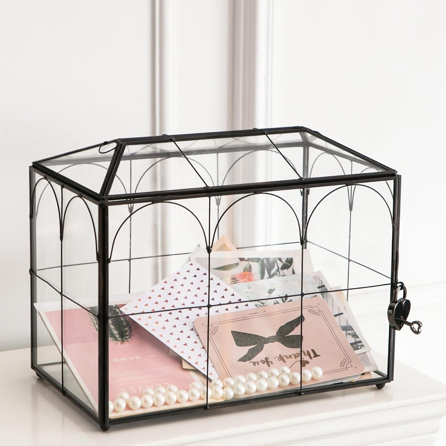 Wedding Card Box with Slot, 10.2'' Large Glass Card Boxes for Reception, Black Geometric Holder, Clear Decorative Storage Box with Lock for Baby Shower, Birthday Party, Christmas, Bridal Shower