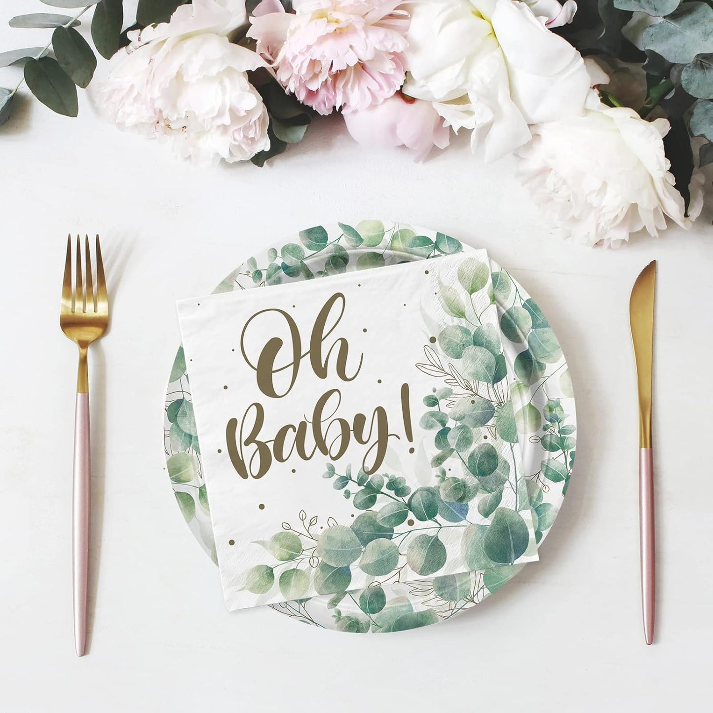 Sage Greenery Baby Shower Party Supplies Disposable Paper Plates Napkins Cups and Tablecloth for Boho Greency Party Decorations, Serve 25.