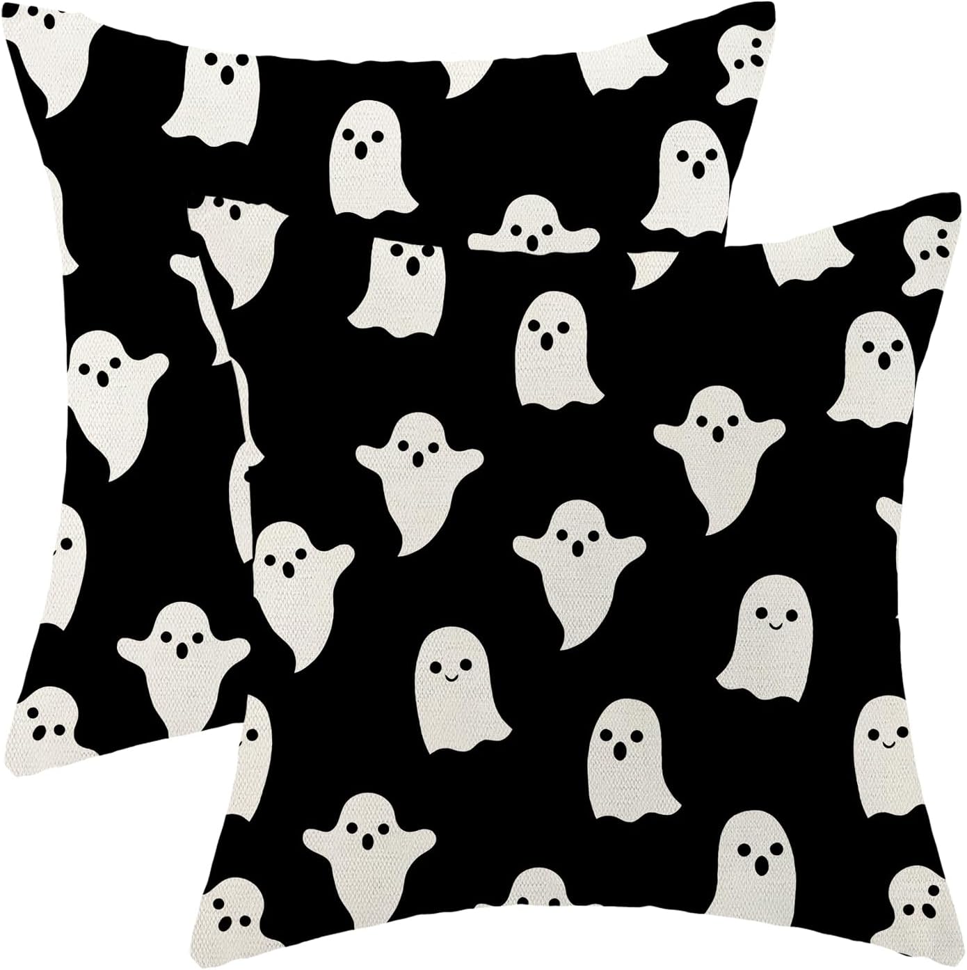 Halloween Decor 24x24 Set Of 2 Black Cute Ghost Throw Pillow Covers - Decorative Linen Cushion Case For Home Sofa & Outdoor Decor