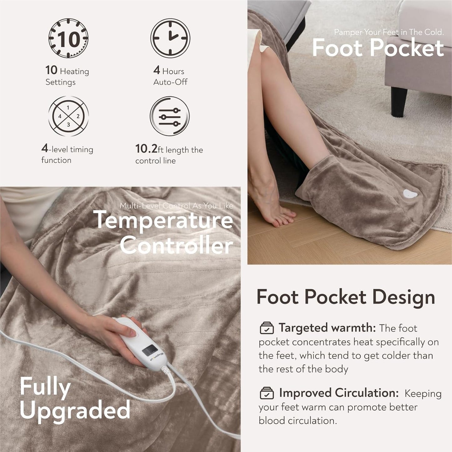 Wapaneus Foot Pocket Heated Blanket Electric Throw with 10 Heating Levels and 4 Timer Settings 4 Hours Auto Shut Off, Flannel Fast-Heating Heated Throw 50" x 60", Machine Washable, Mushroom