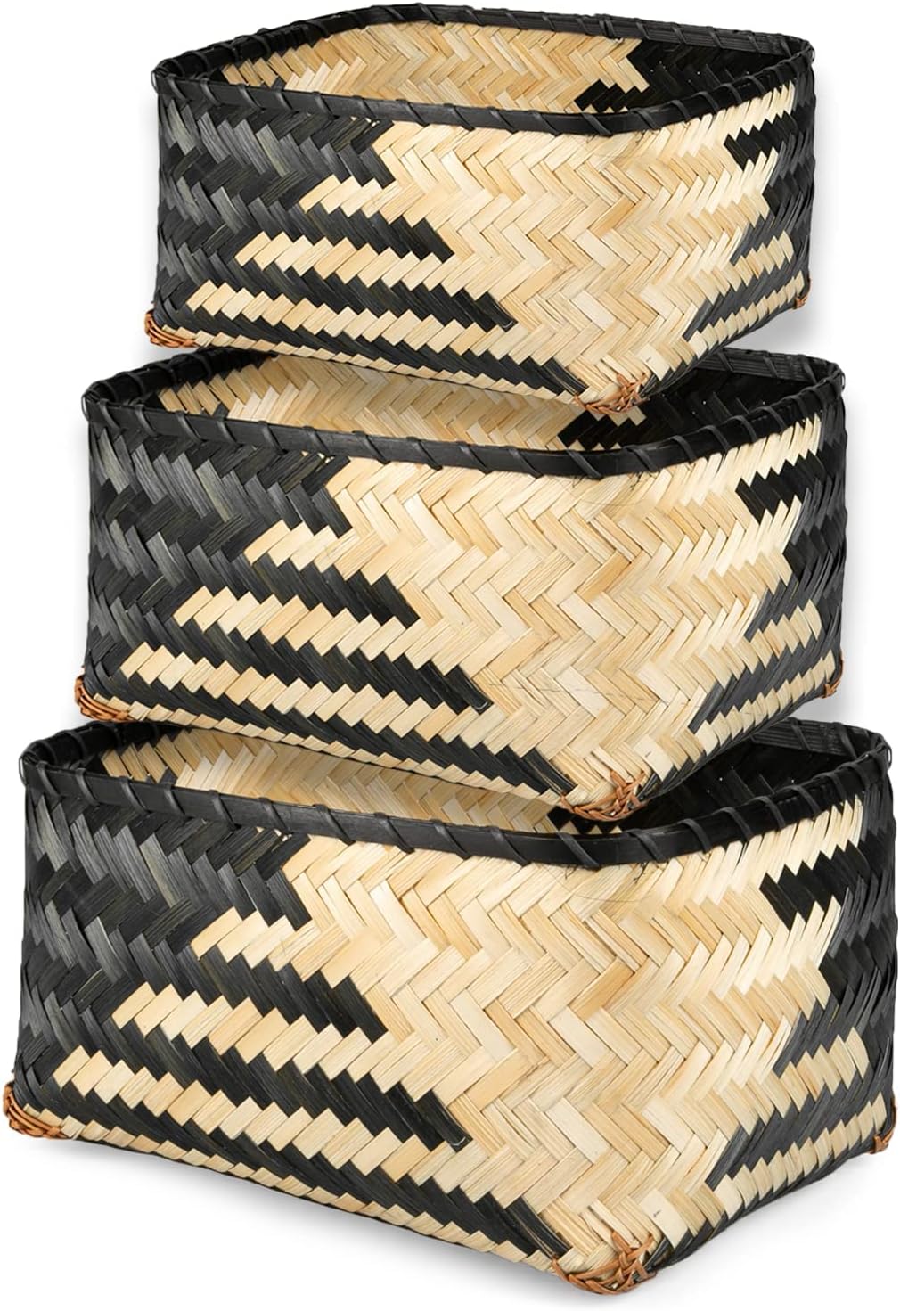 Crutello Woven Bamboo Storage Baskets, Set of 3 Black and Natural Pattern Bamboo Baskets for Storage, Organization Boho Basket, Farmhouse Basket Bins, Black Wicker Basket for Decor Living Room Pantry