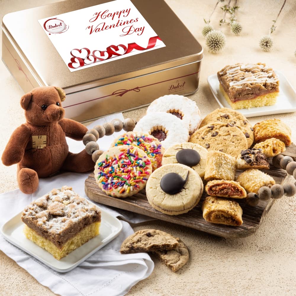 Dulcet Gift Baskets Happy Valentines Love Day Deluxe Bakery Mix of Assorted Cookies and Pastries with Decorative Teddy Bear for Women, Friend, College, Couples, Husband, Wife, Him & Her.