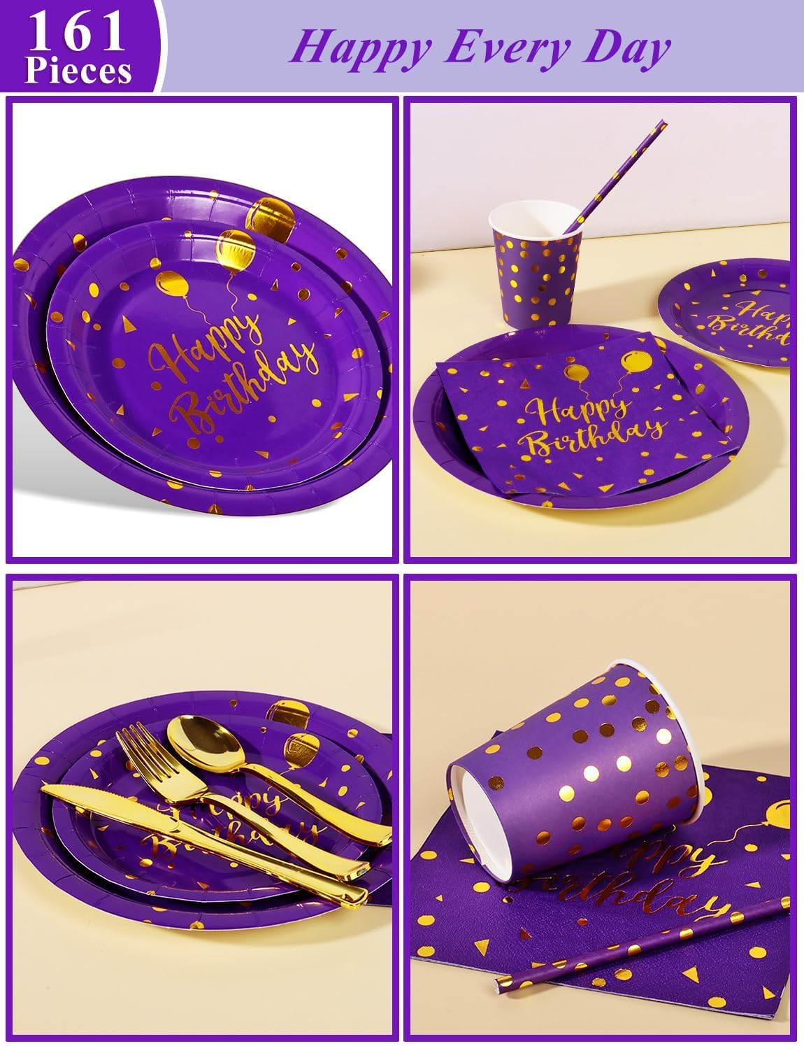 Birthday Party Tableware, 161 Pieces Purple Gold Party Supplies, Dinnerware Sets Include Paper Plates Napkins Cups Silverware, for Shower Engagement Parties Decoration -20 Serves