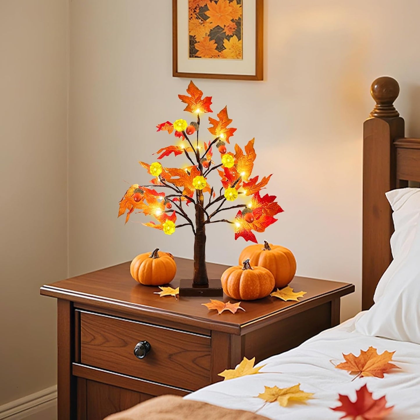 TURNMEON Fall Decor 2 Pack 18 Inch Prelit Fall Maple Tree Thanksgiving Fall Decorations for Home with 48 LEDs Timer Battery Operated Pumpkin Lights 6 Acorn Tabletop Halloween Decorations Indoor Autumn