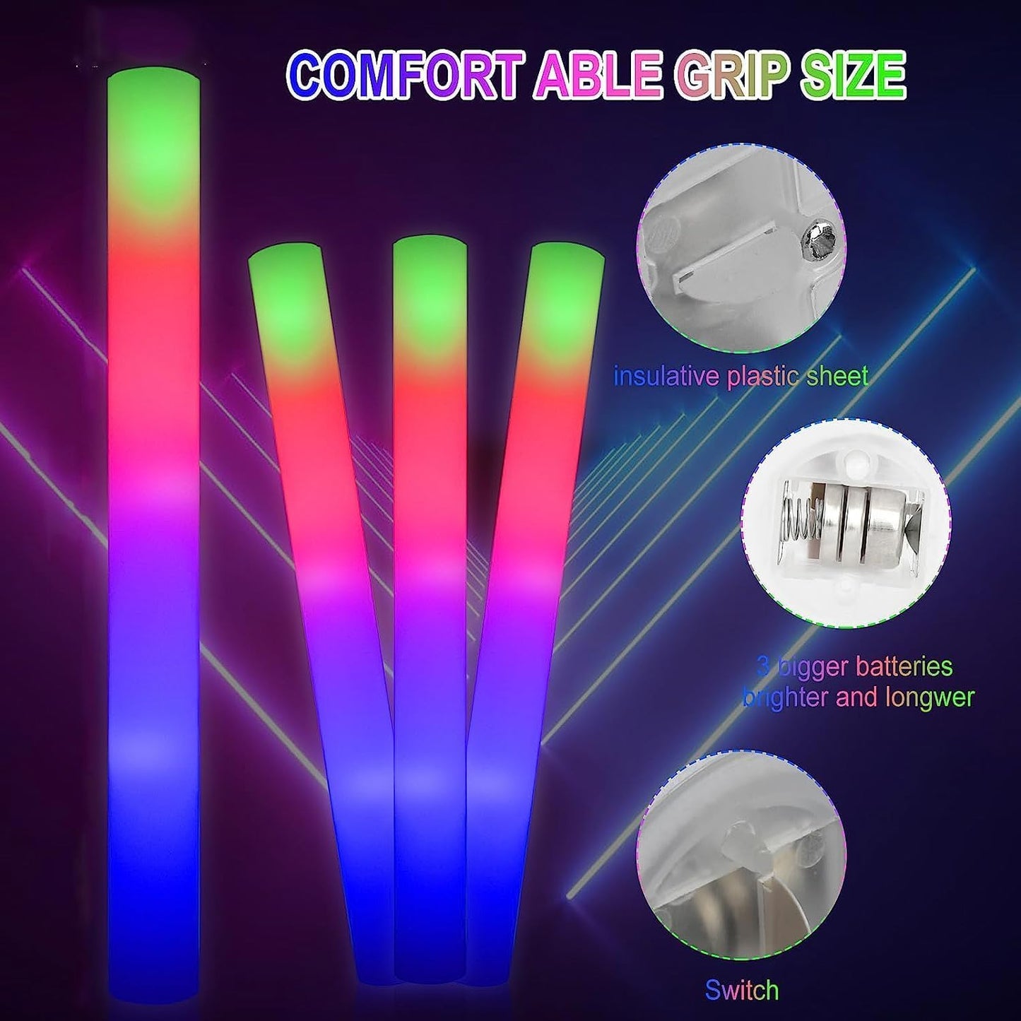 100 + 11 Pack Foam Glow Sticks Bulk Party Pack,Party Favors Supplies,3 Flashing Modes Glow In The Dark Party Supplies,Light Up Foam Sticks for Wendding Raves Camping Outdoor