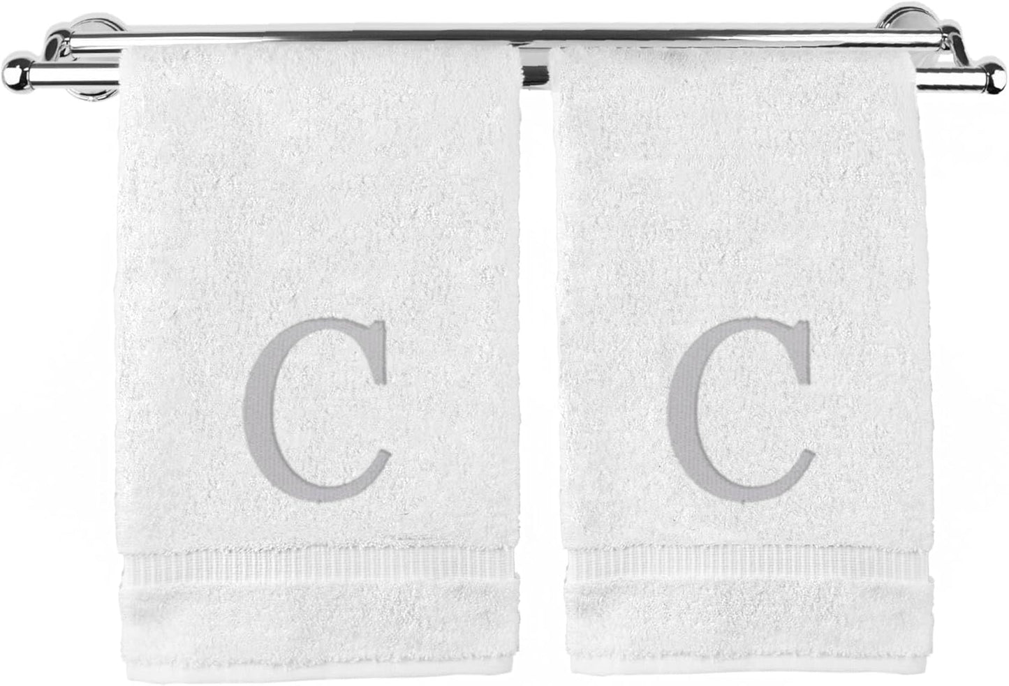 Monogrammed Hand Towel, Personalized Gift, Set of 2- Silver Block Letter Embroidered Towel - Extra Absorbent 100% Turkish Cotton - Soft Terry Finish - Initial C White