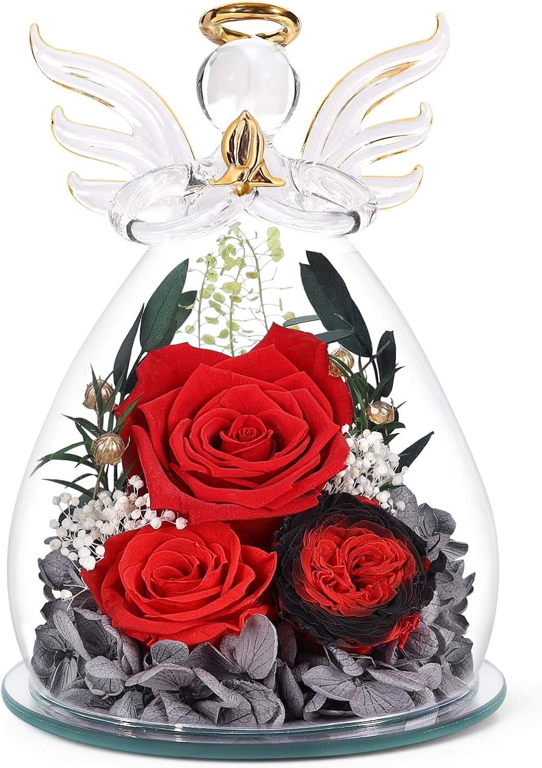 FIACO Gifts for Women Preserved Rose Forever Flower in Glass Angel Figurines Fresh Flowers for Delivery Prime Mothers Day Birthday Gifts for Mom Real Roses for Grandma Sister Wife Her from Daughter