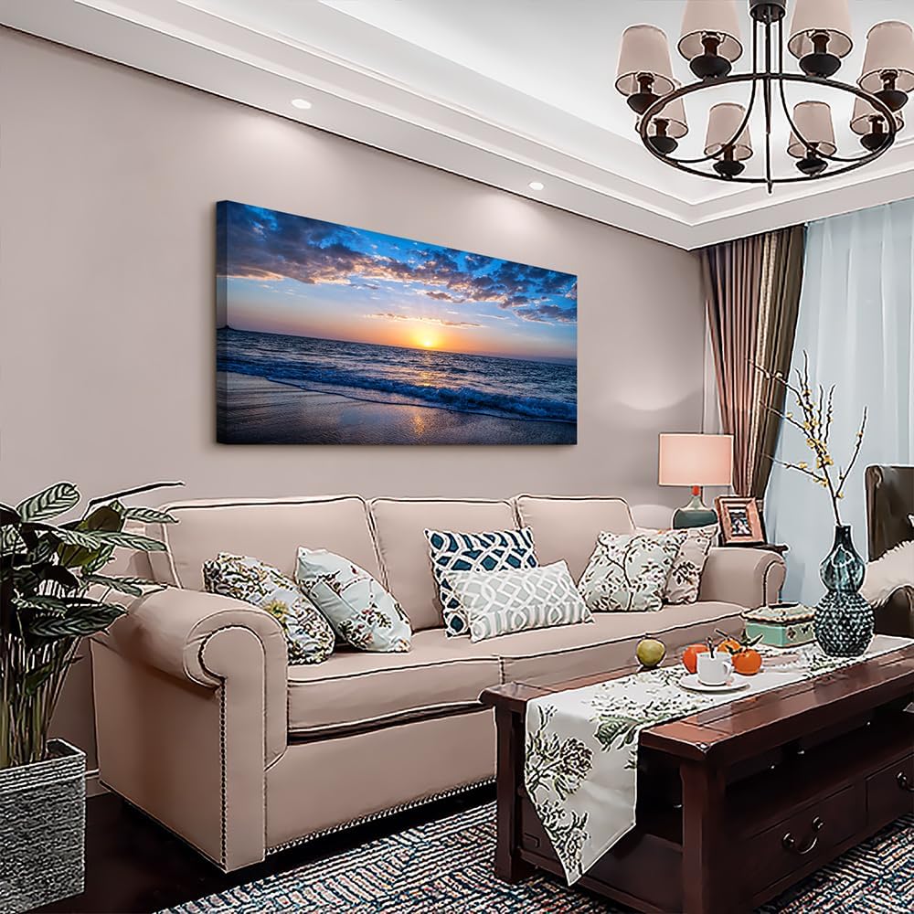 Wapluam Canvas Wall Art For Office Large Wall Decor For Living Room Bedroom Wall Decorations Blue Ocean Wall Painting Sea Beach Seascape Pictures Print Artwork Ready To Hang Home Decor 24 X 48inch