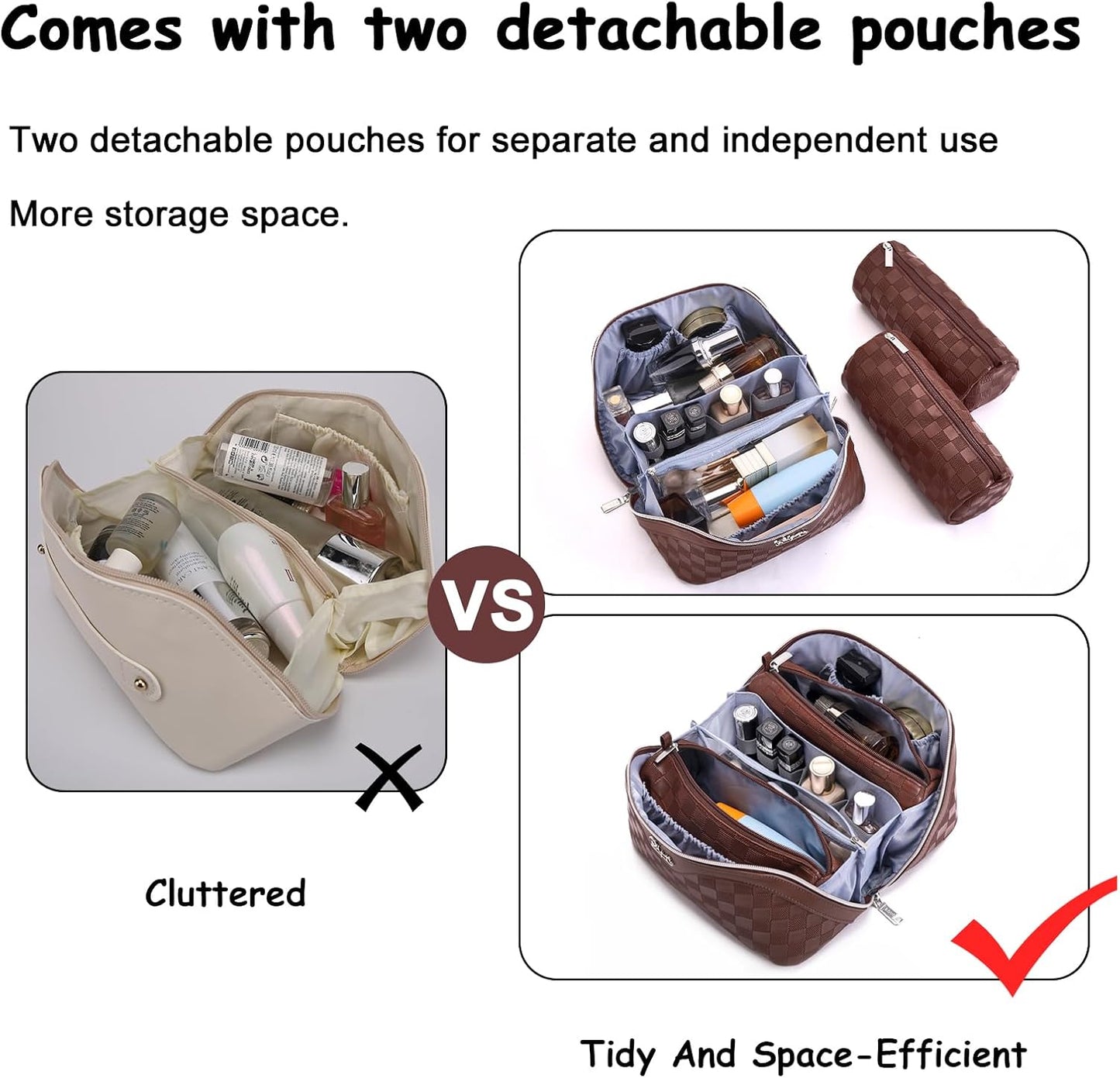 Travel Makeup Bag Organizer Cosmetic Bag: 3 Pcs Set Make up Bags for Women with Handle - Waterproof Vegan Leather Toiletry Bags with Comparments (C-09-Coffee)