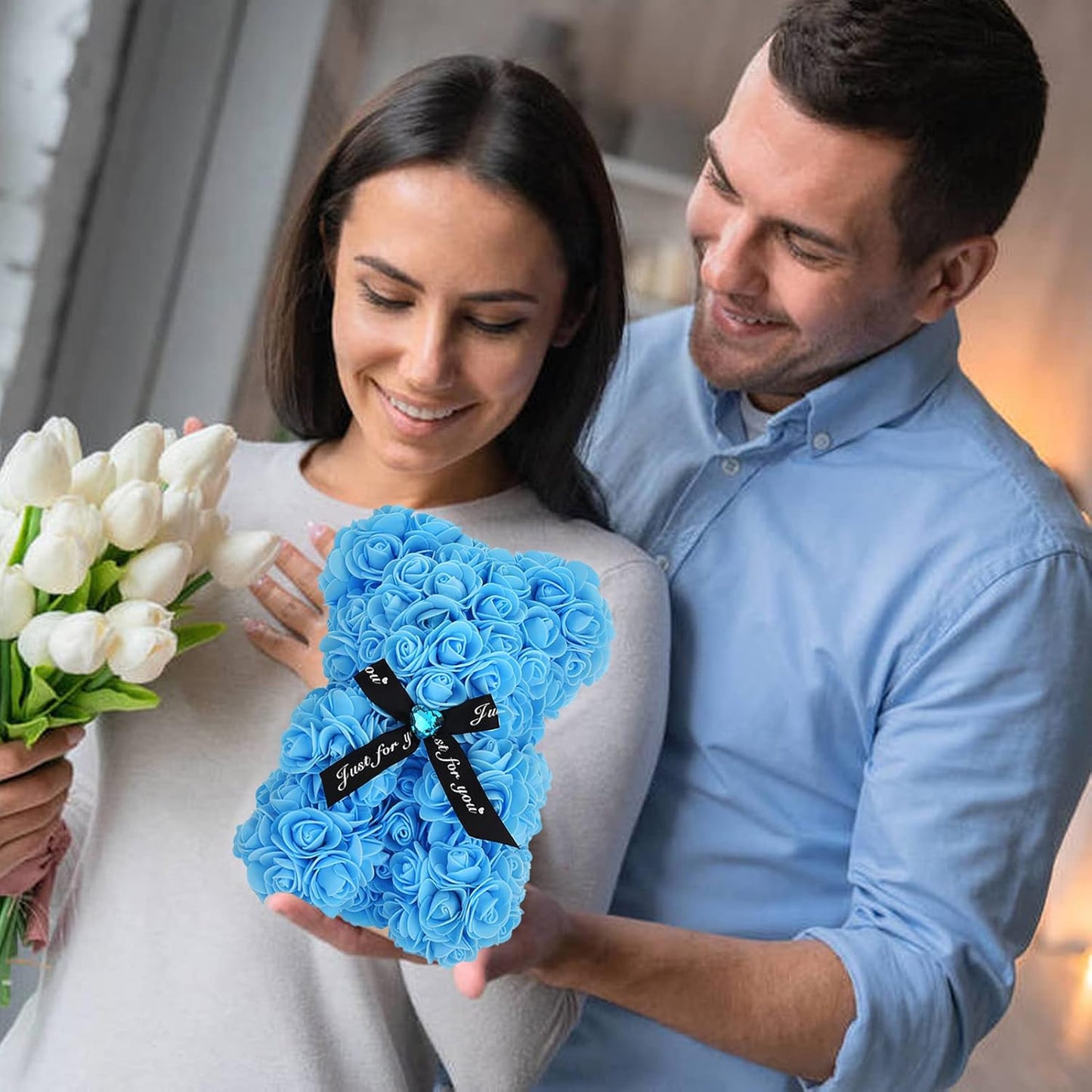 Artificial Rose Flower Bear,Perfect Romantic Gift for Her, Valentine's Mother's Day, Christmas, Birthday,Thanksgiving Party Anniversary Girl Friend Wife with Heart-Shaped Diamond Light Blue.