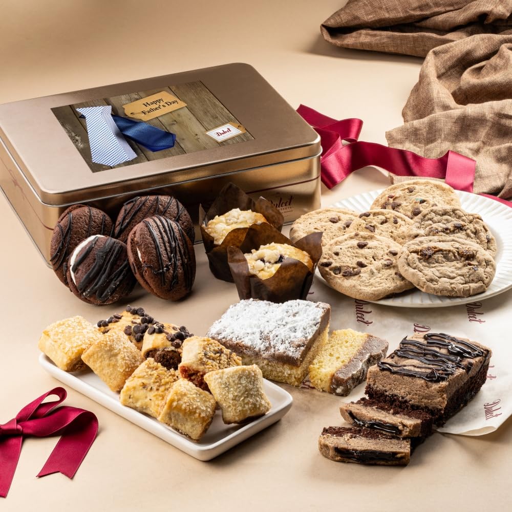 Happy Father’s Day Baked Goods Gift Box – Luxurious Gourmet Bakery Dessert Tin with Whoopie Pies, Muffins, Cookies, Crumb Cake, Pastry for Him.