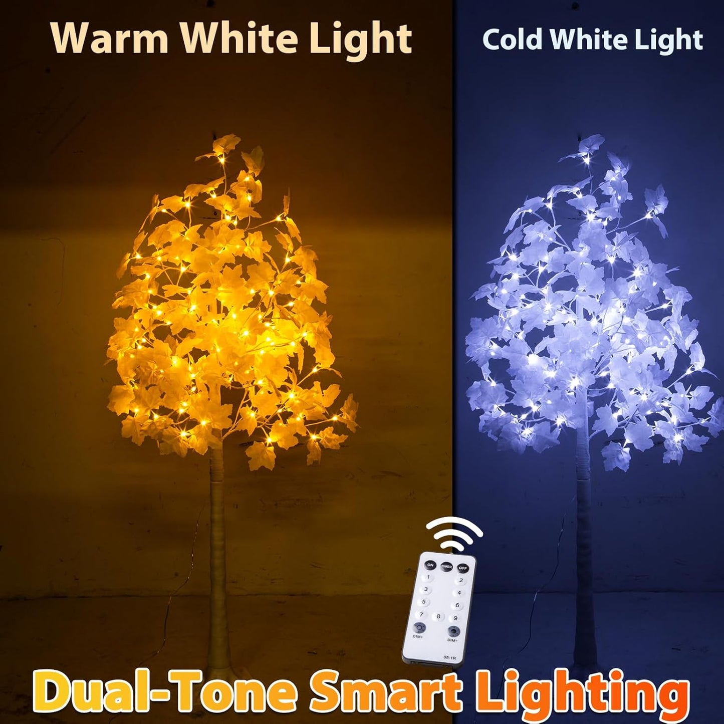2PACK Artificial Lighted White Maple (5FT 96LED & 6FT 120LED) Fall Tree with Dual-Tone Lights (Cold & Warm White) Halloween, Thanksgiving, Autumn Harvest Outdoor Indoor Home Decor