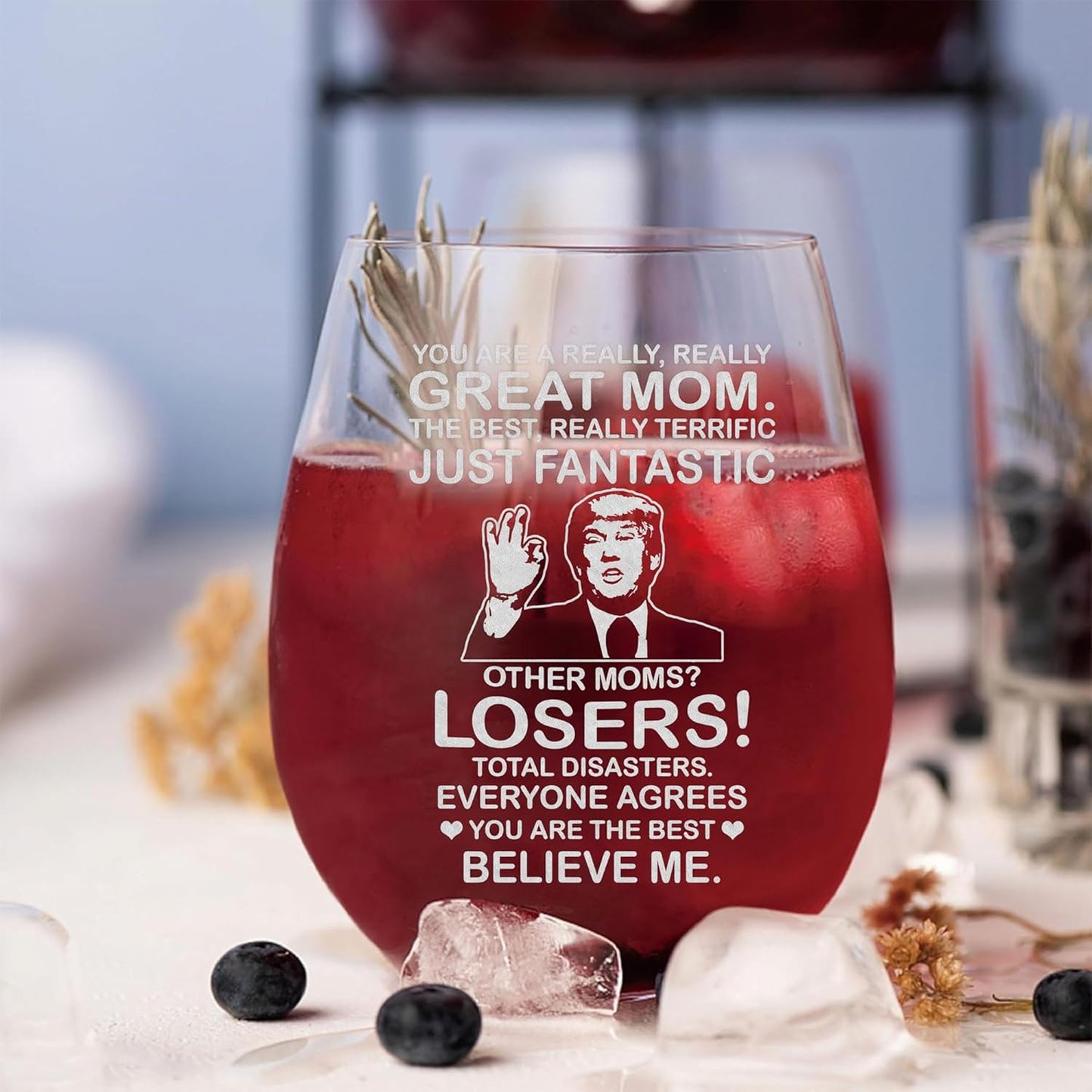 BETHEGIFT Gifts for Mom from Daughters, Son, Kids on Birthday, Christmas - Wine Glass for Xmas - Durable Crystal, Perfect for Mother - Mom Wine Glass 14oz