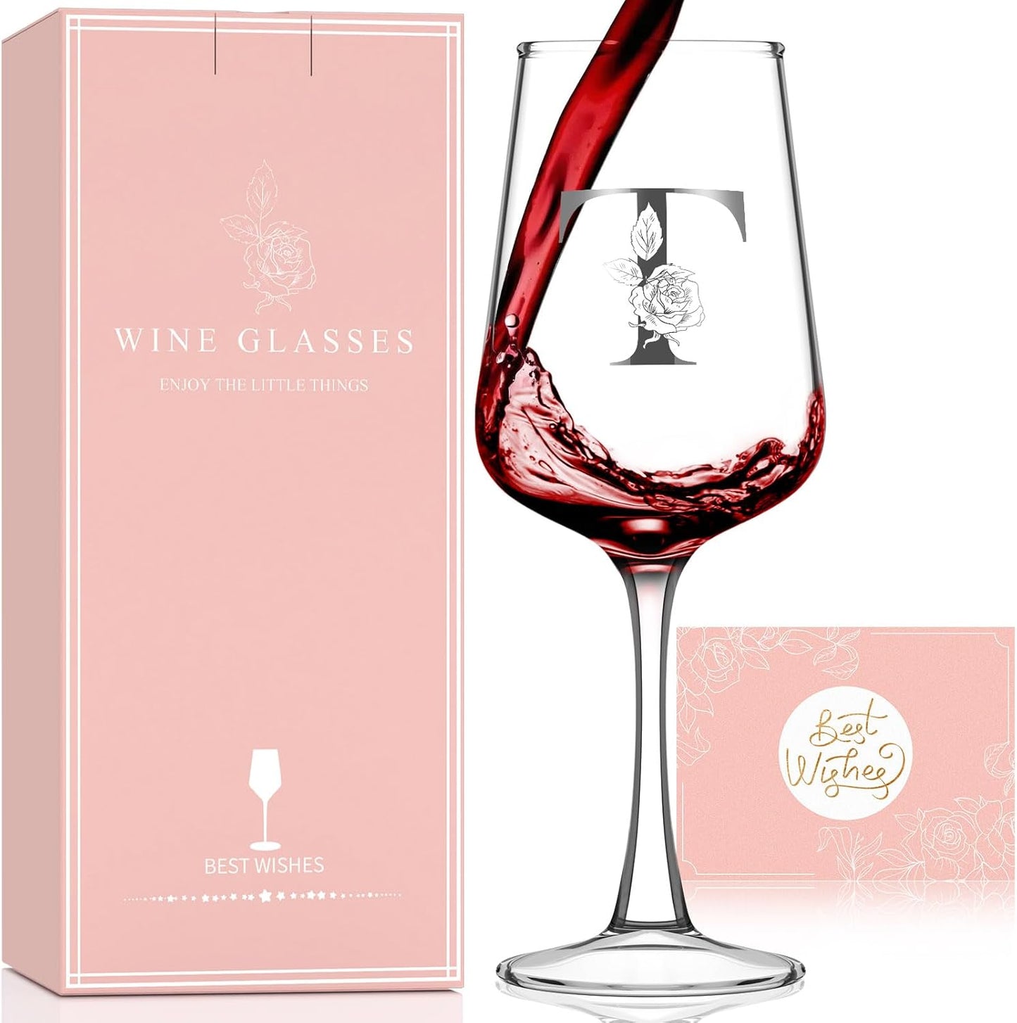 Monogrammed Wine Glass Gifts for Women - Personalized A-Z Wine Glasses with Gift Box & Greeting Card | Custom Mothers day, Anniversary, Birthday Gifts for Her, Mom, Wife, Best Friend, Sister,Woman (T)
