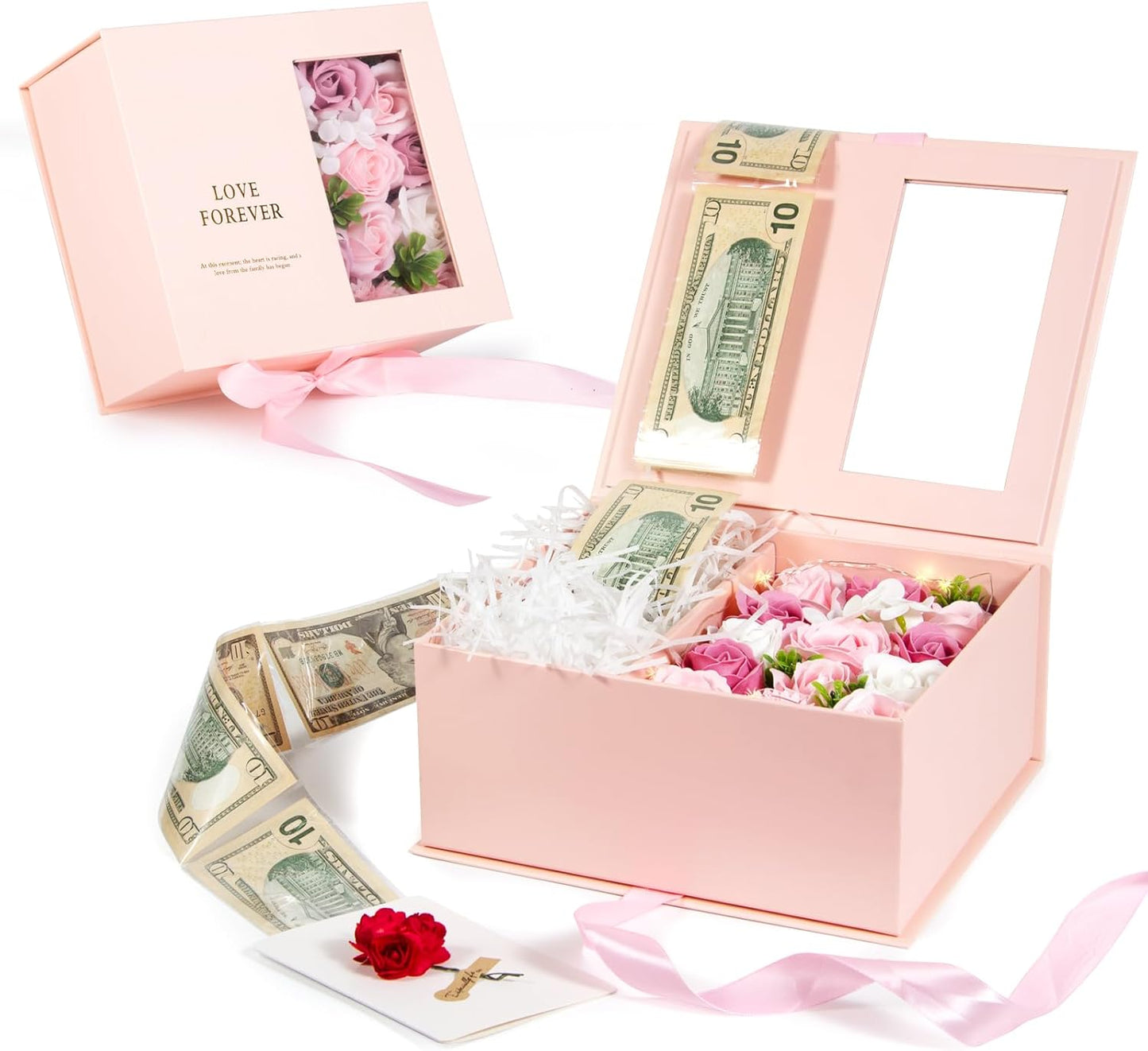 Money Pull Box for Cash Gift - Luxury Money Pull Out Flower Gift Box with Lid Flower and Ribbon, Unique Birthday Gift Box for Wife, Girlfriend, Mother, Friend